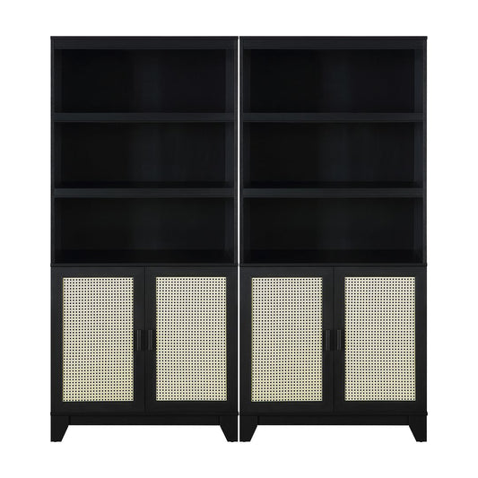 Manhattan Comfort Sheridan Modern Cane Bookcase with Adjustable Shelves in Black - Set of 2