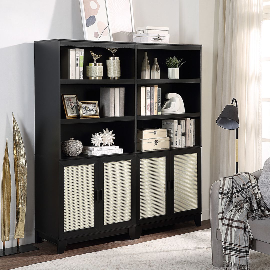 Manhattan Comfort Sheridan Modern Cane Bookcase with Adjustable Shelves in Black - Set of 2