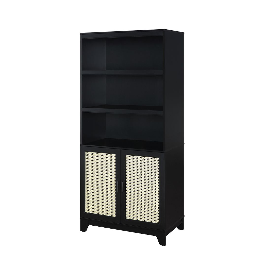 Manhattan Comfort Sheridan Modern Cane Bookcase with Adjustable Shelves in Black - Set of 2