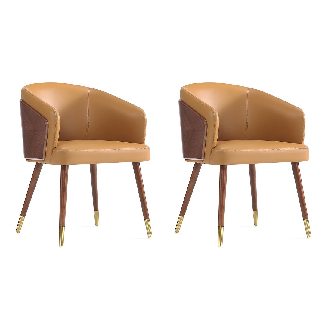 Manhattan Comfort Modern Reeva Dining Chair Upholstered in Leatherette with Beech Wood Back and Solid Wood Legs in Walnut and Camal- Set of 2