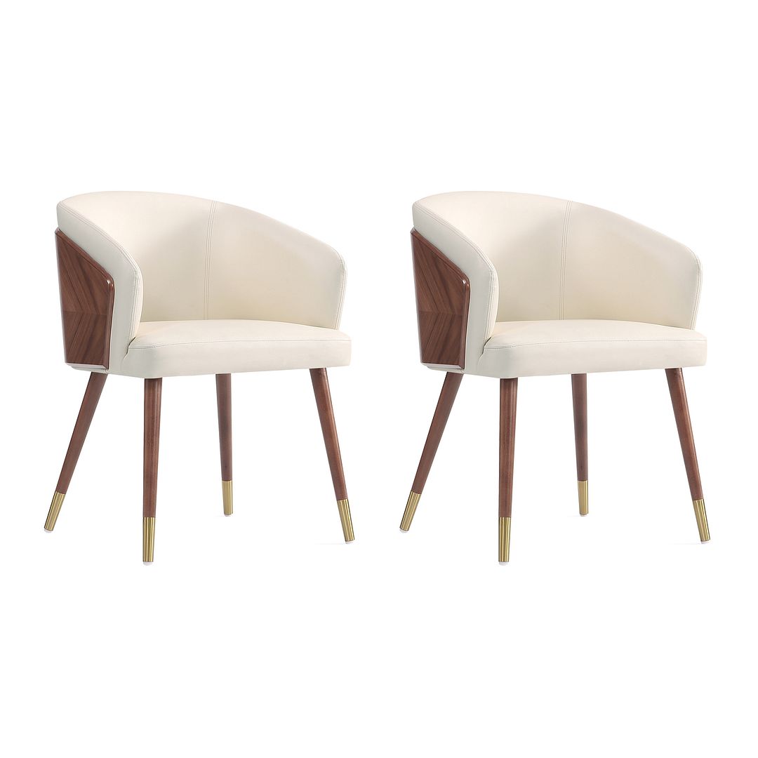 Manhattan Comfort Modern Reeva Dining Chair Upholstered in Leatherette with Beech Wood Back and Solid Wood Legs in Walnut and Cream- Set of 2