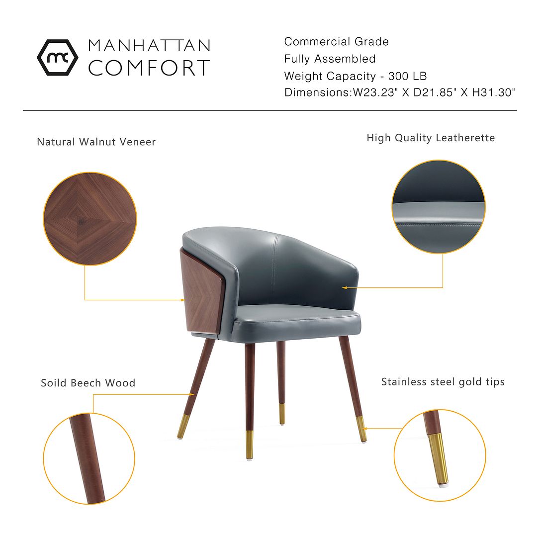 Manhattan Comfort Modern Reeva Dining Chair Upholstered in Leatherette with Beech Wood Back and Solid Wood Legs in Walnut and Graphite Grey - Set of 2