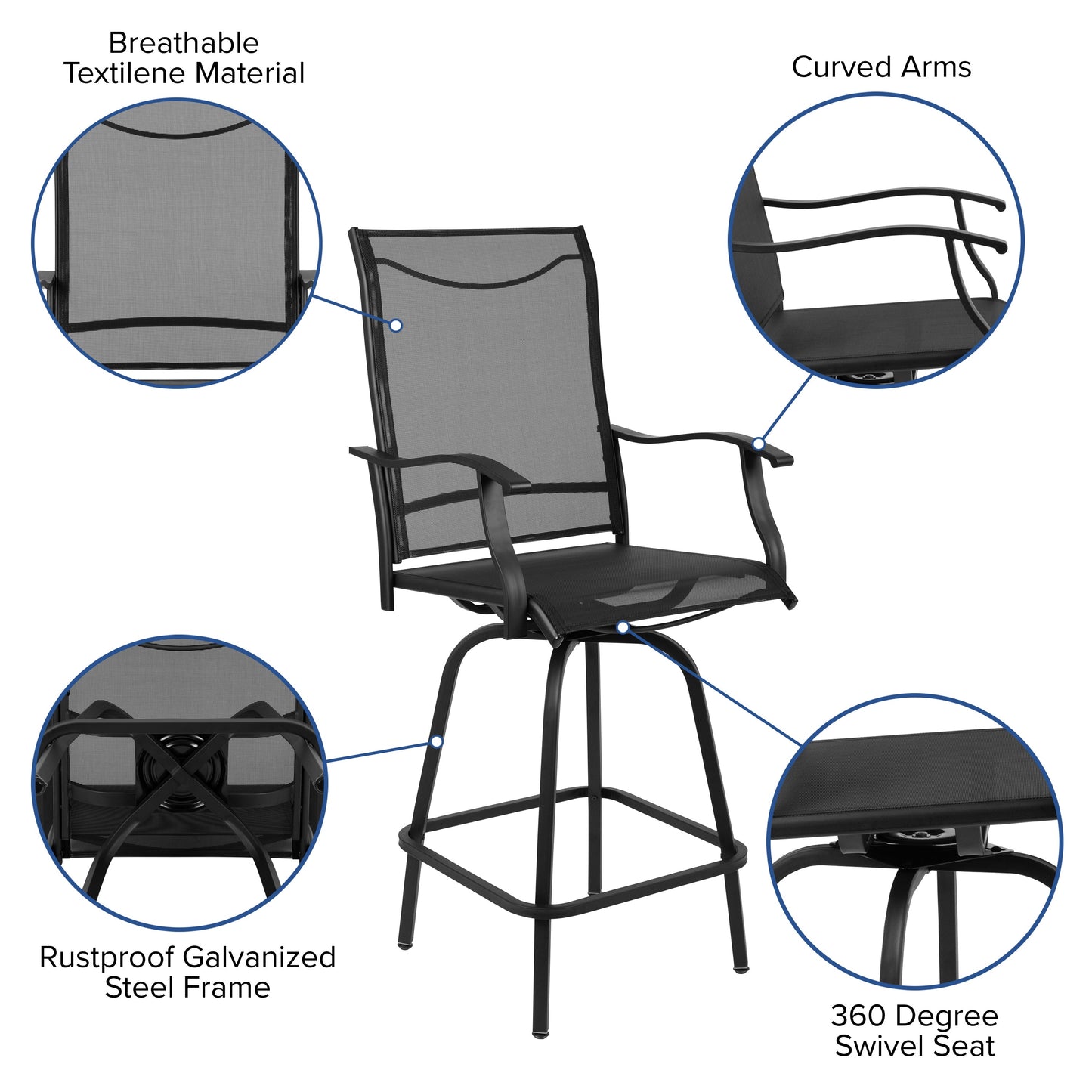 Set of 2 Outdoor Stools - 360 Degree Swivel Bar Stools