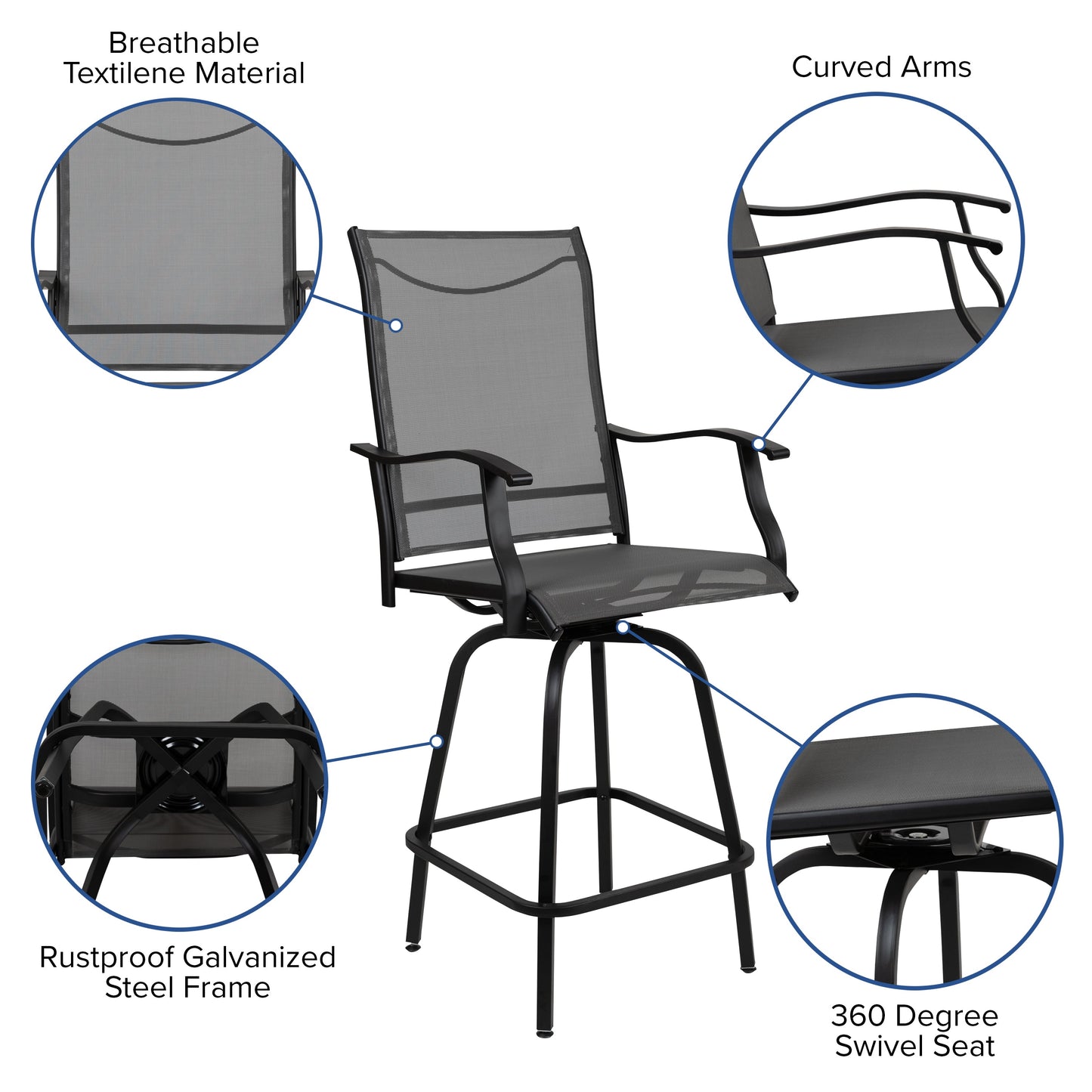 Set of 2 Outdoor Stools - 360 Degree Swivel Bar Stools