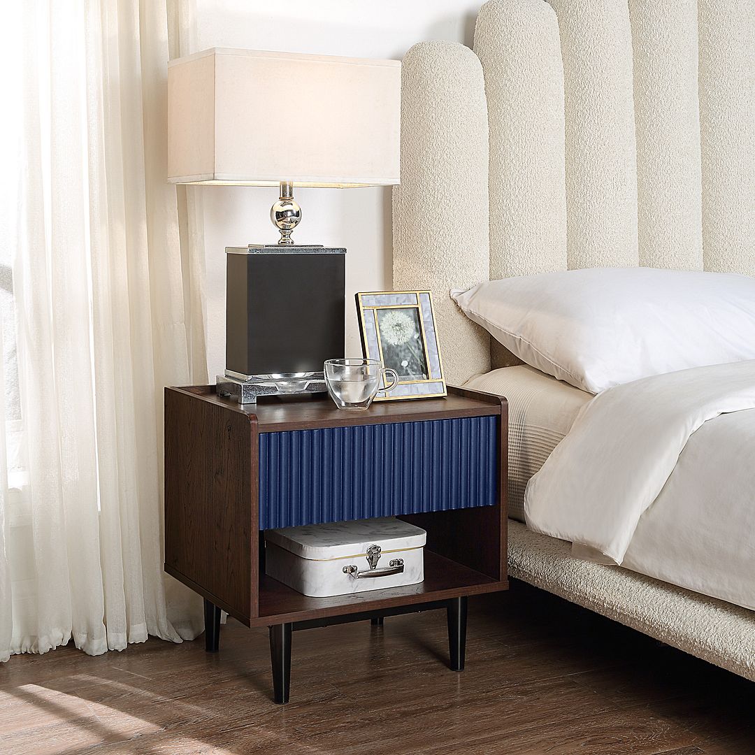 Manhattan Comfort Duane Modern Ribbed Nightstand and Coffee Table in Dark Brown and Navy Blue