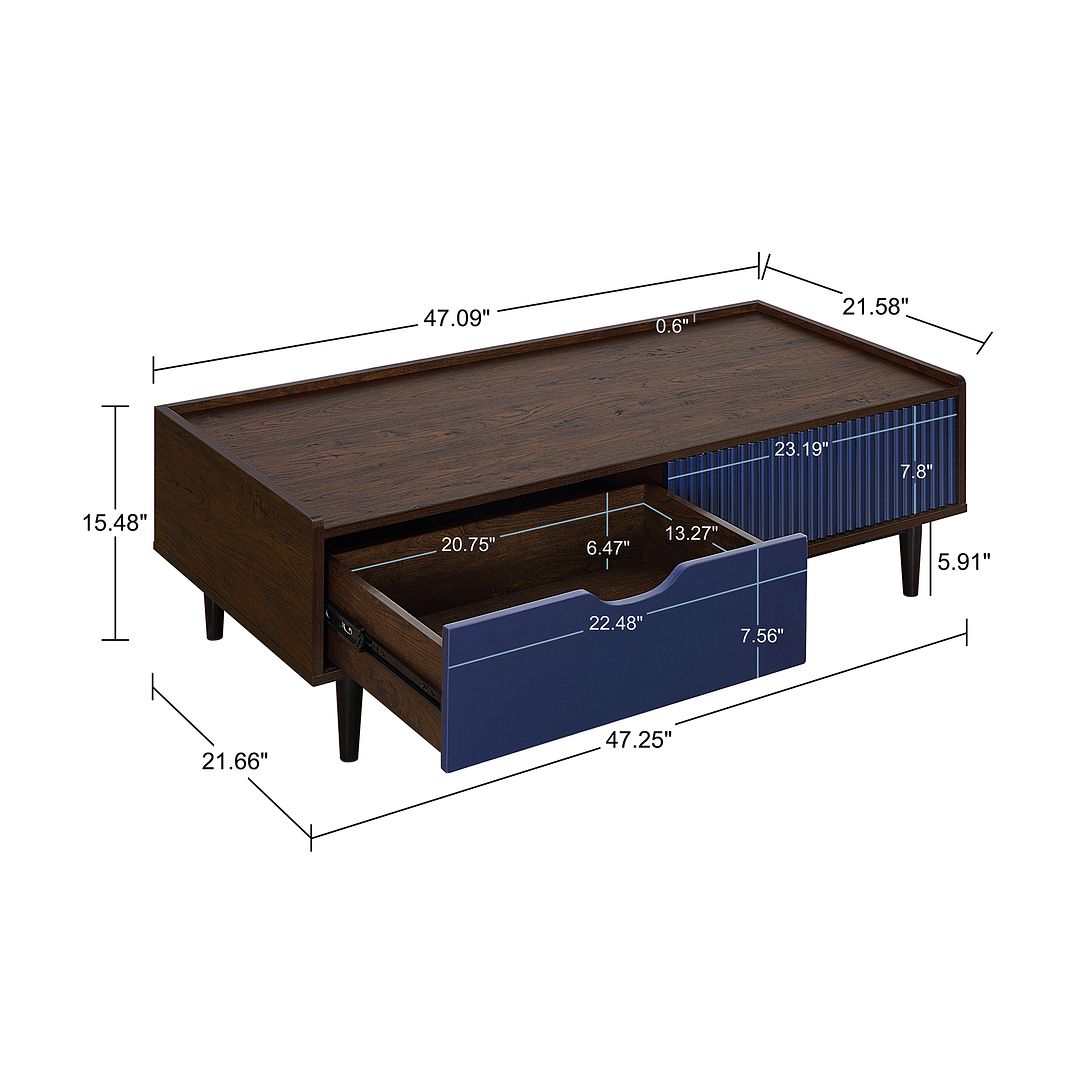 Manhattan Comfort Duane Modern Ribbed Nightstand and Coffee Table in Dark Brown and Navy Blue