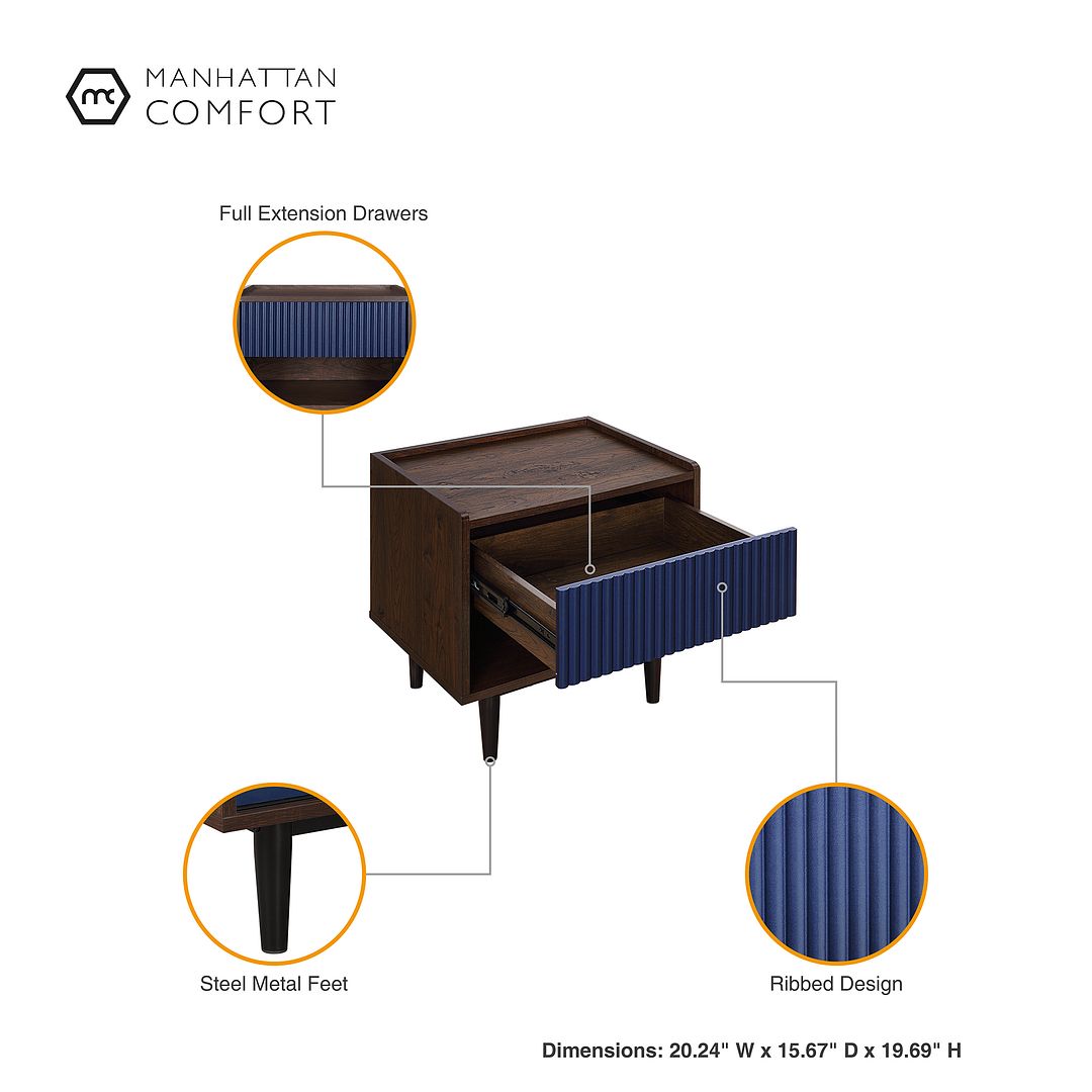 Manhattan Comfort Duane Modern Ribbed Nightstand and Coffee Table in Dark Brown and Navy Blue