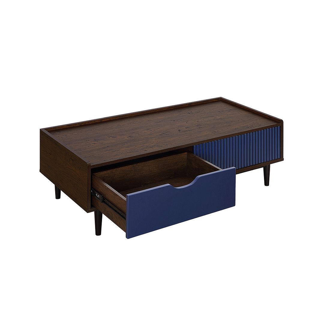 Manhattan Comfort Duane Modern Ribbed Nightstand and Coffee Table in Dark Brown and Navy Blue