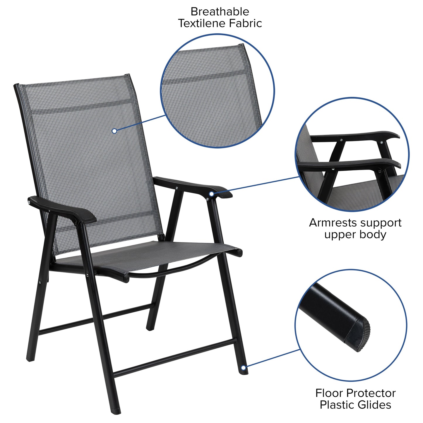 2PK GY/BK Folding Patio Chair 2-TLH-SC-044-B-GG