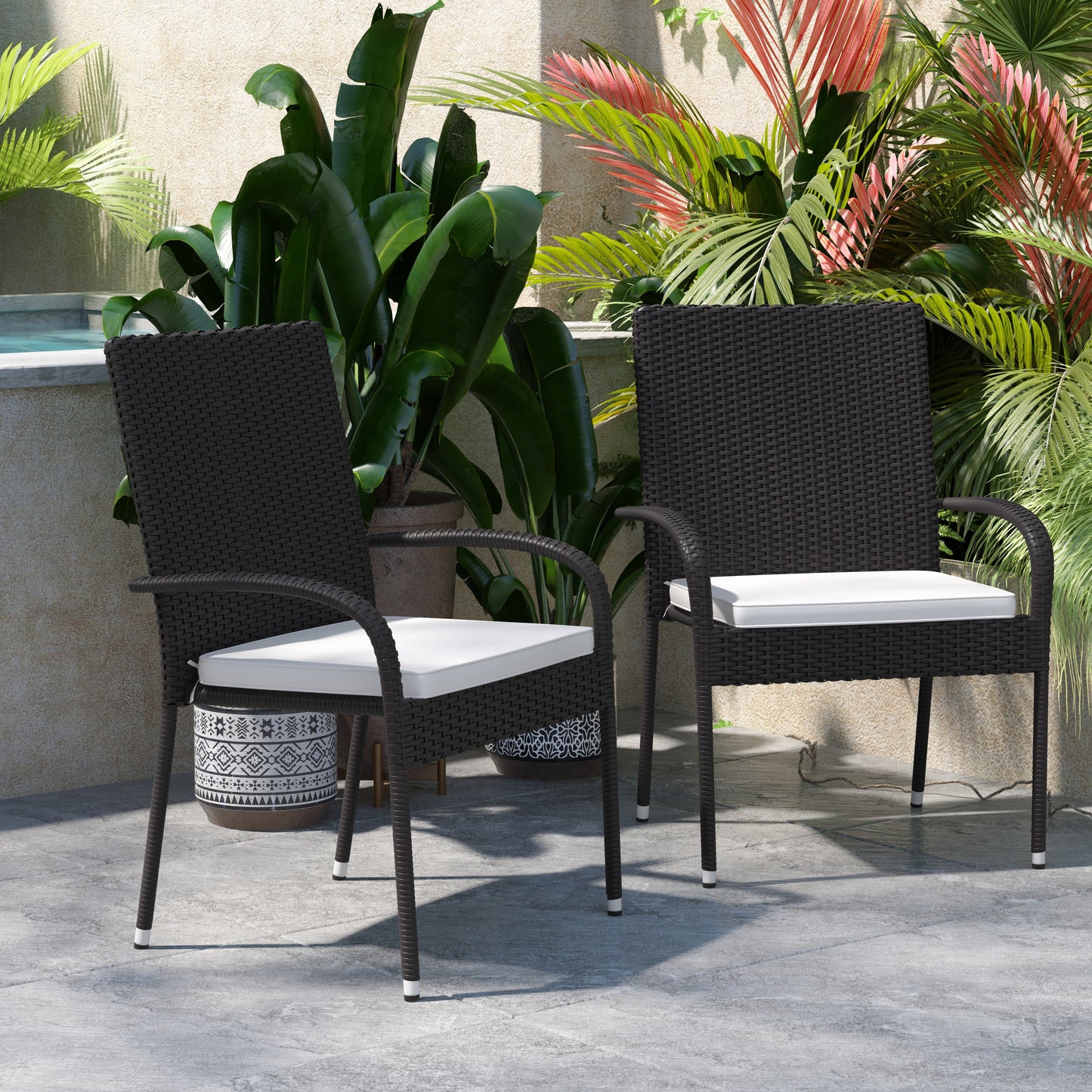 Contemporary Set of 2 Indoor/Outdoor PE Wicker Patio Chairs with Seat Cushions