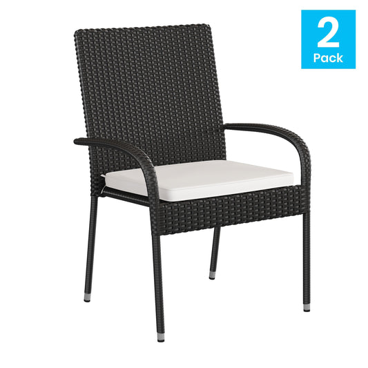 Contemporary Set of 2 Indoor/Outdoor PE Wicker Patio Chairs with Seat Cushions