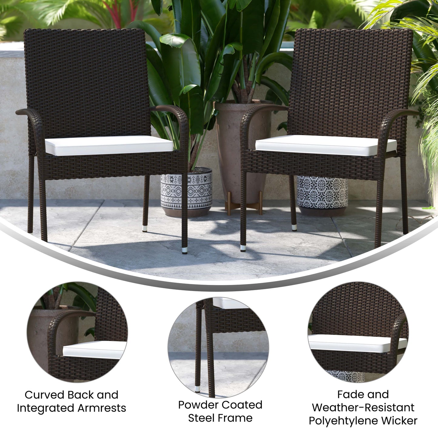 Contemporary Set of 2 Indoor/Outdoor PE Wicker Patio Chairs with Seat Cushions