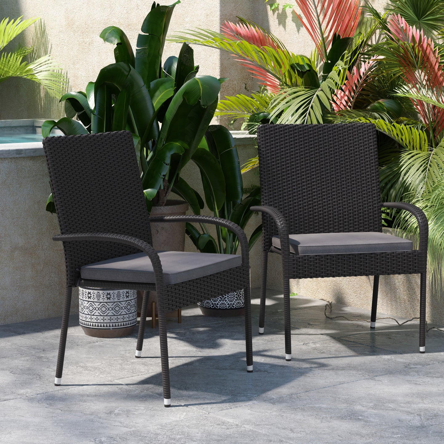 Contemporary Set of 2 Indoor/Outdoor PE Wicker Patio Chairs with Seat Cushions