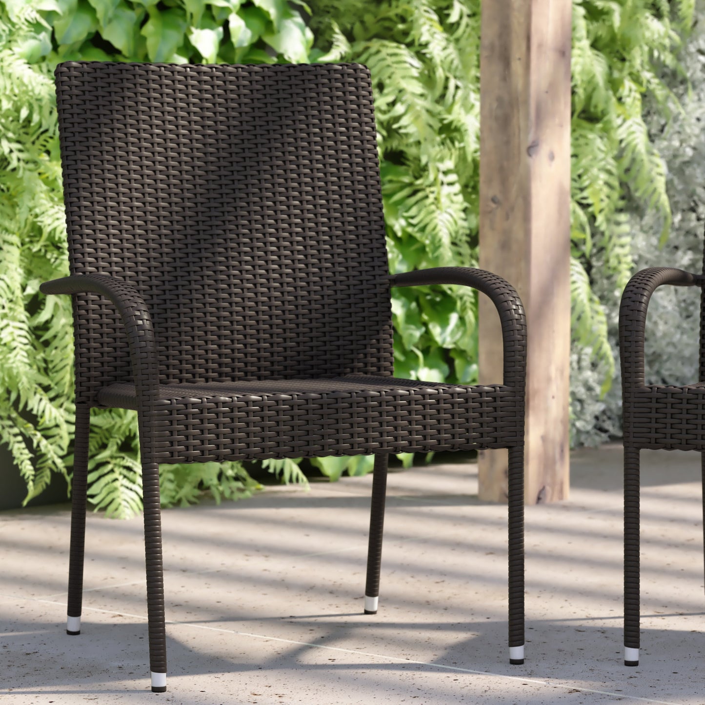 Modern Indoor/Outdoor Stackable Wicker Patio Chairs with Arms - Set of 2