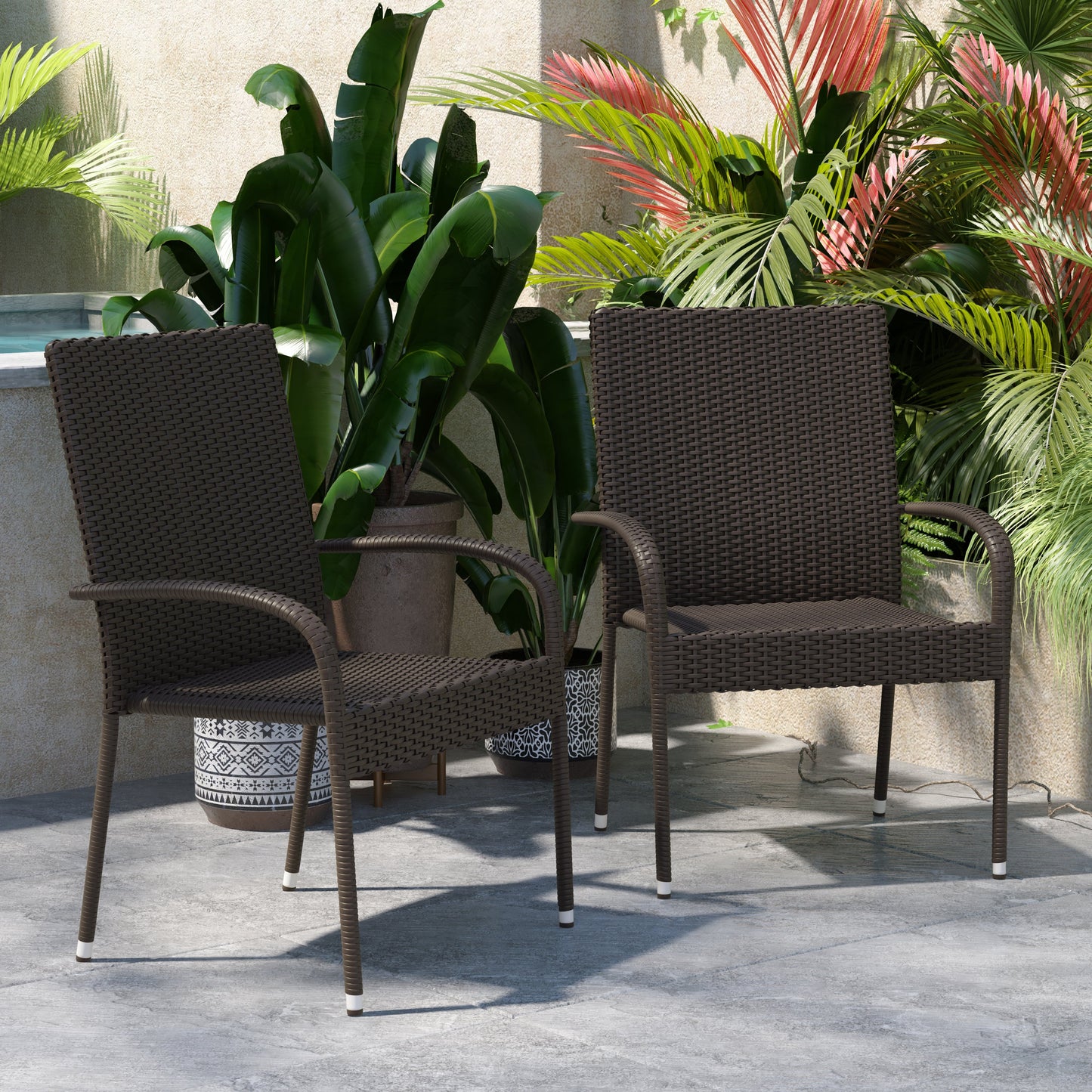 Modern Indoor/Outdoor Stackable Wicker Patio Chairs with Arms - Set of 2