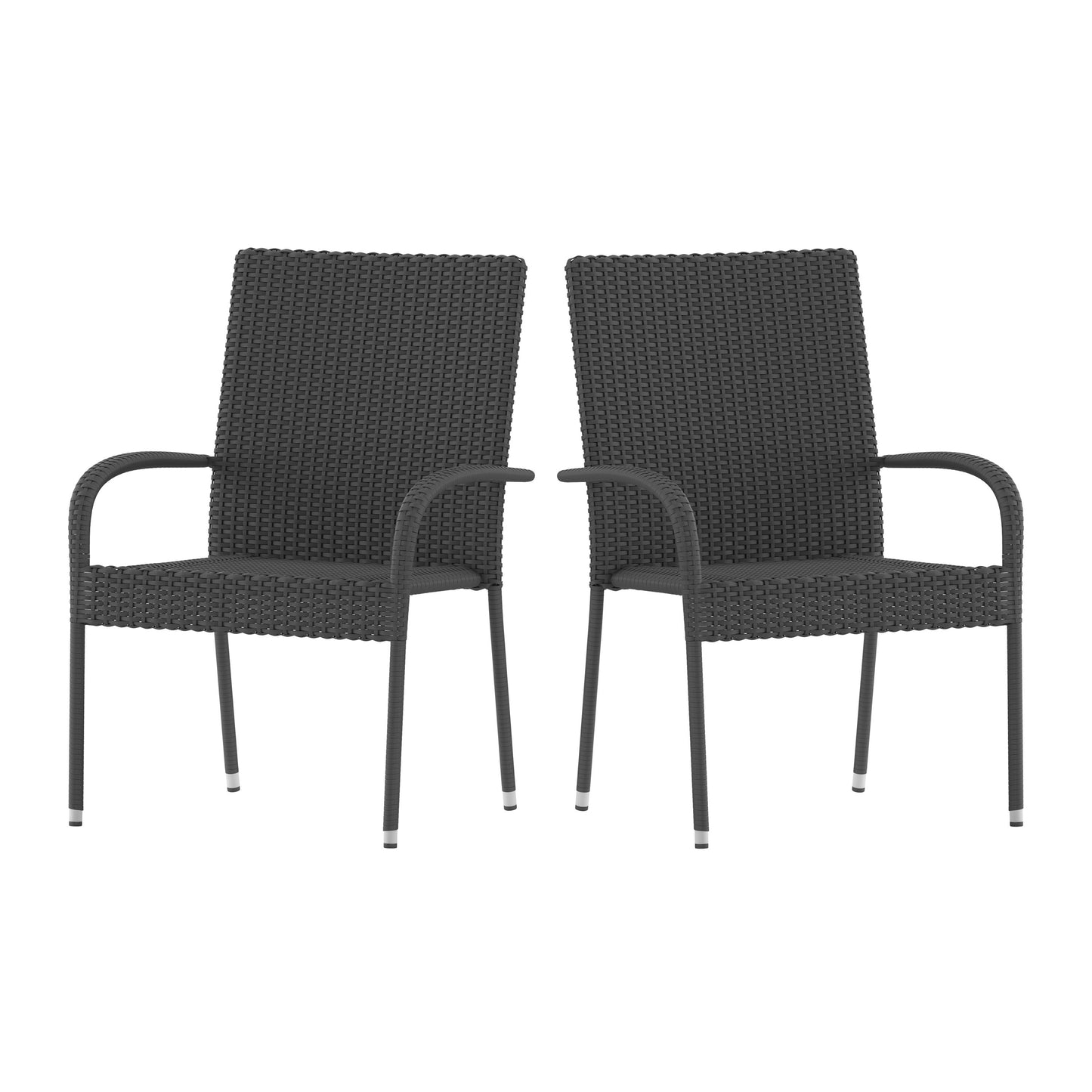 Modern Indoor/Outdoor Stackable Wicker Patio Chairs with Arms - Set of 2