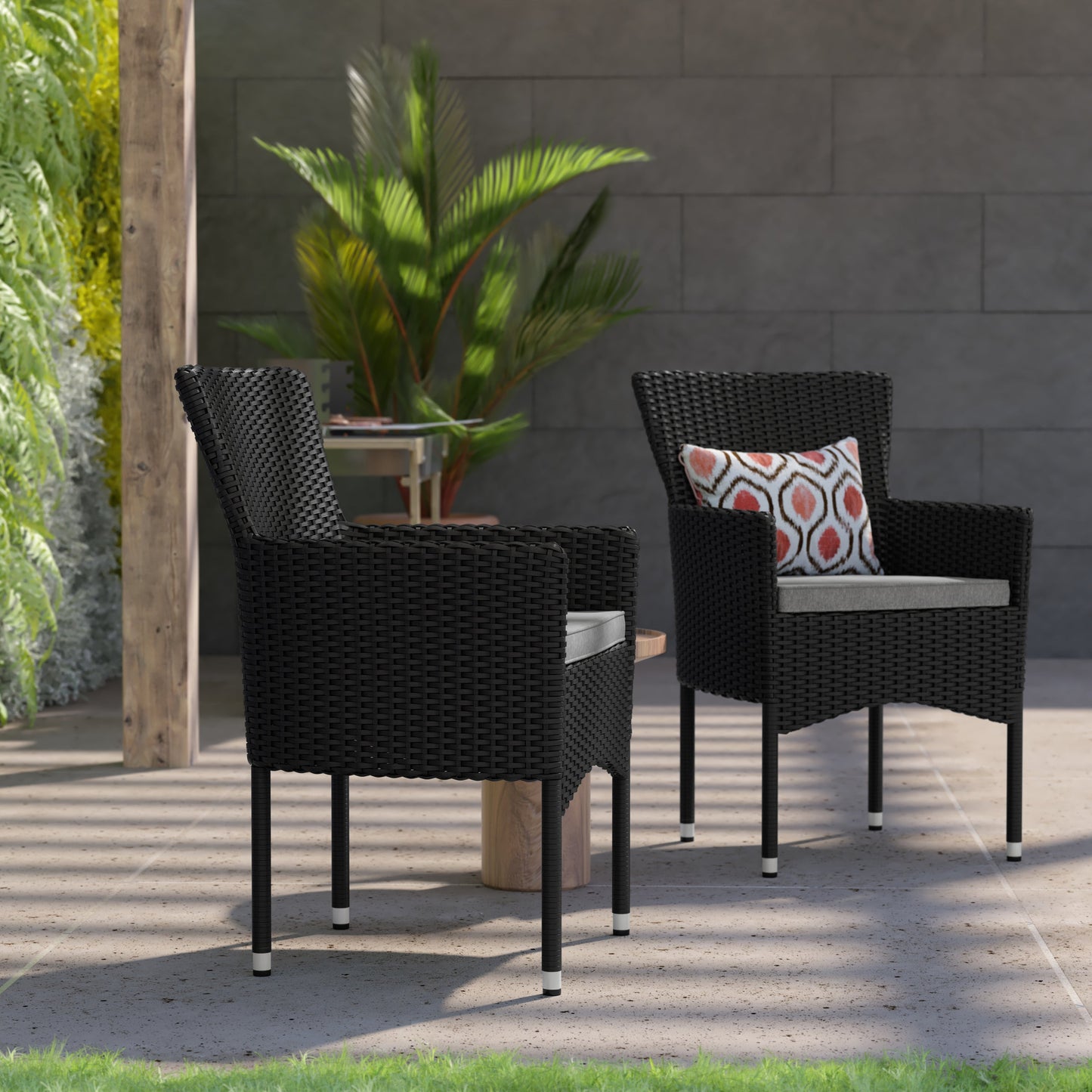 Modern Indoor/Outdoor Wicker Patio Chairs with Cushions - Set of 2