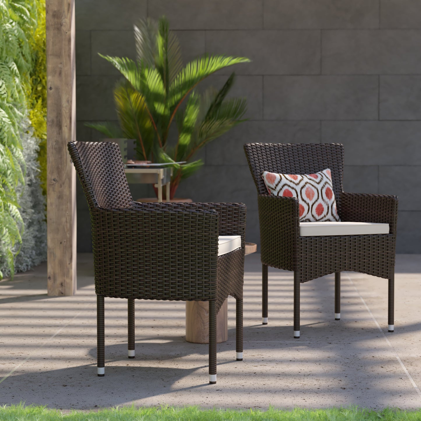 Modern Indoor/Outdoor Wicker Patio Chairs with Cushions - Set of 2