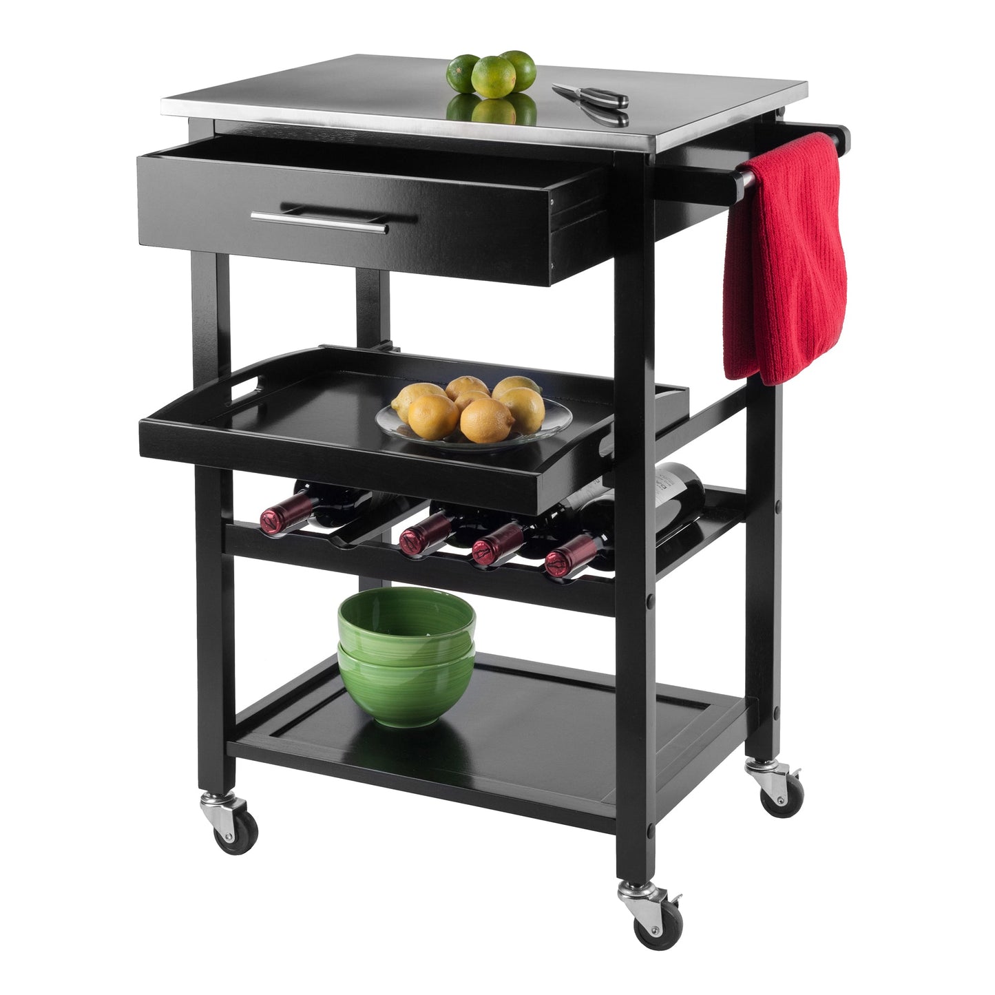 Anthony Utility Kitchen Cart, Stainless Steel Top, Black