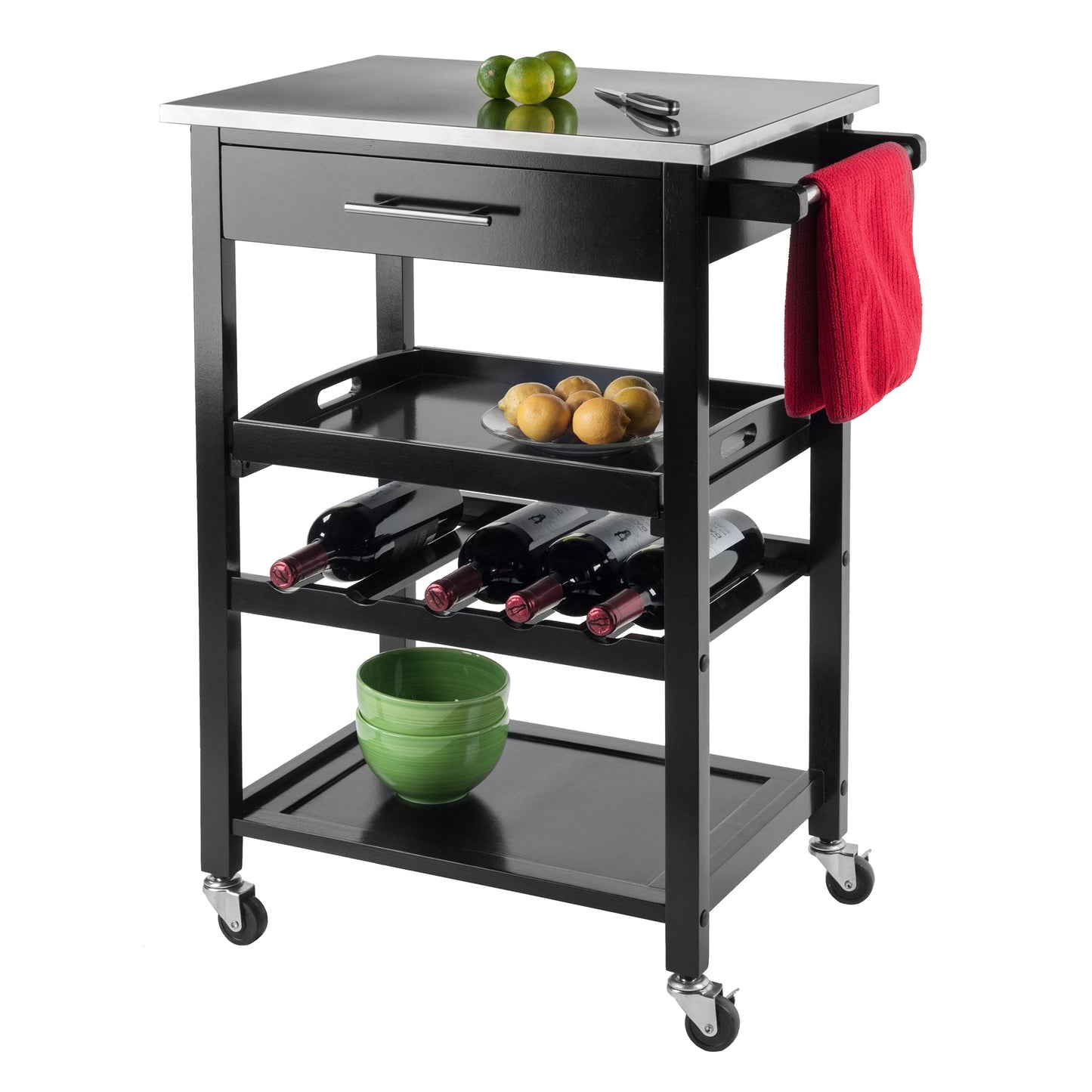 Anthony Utility Kitchen Cart, Stainless Steel Top, Black