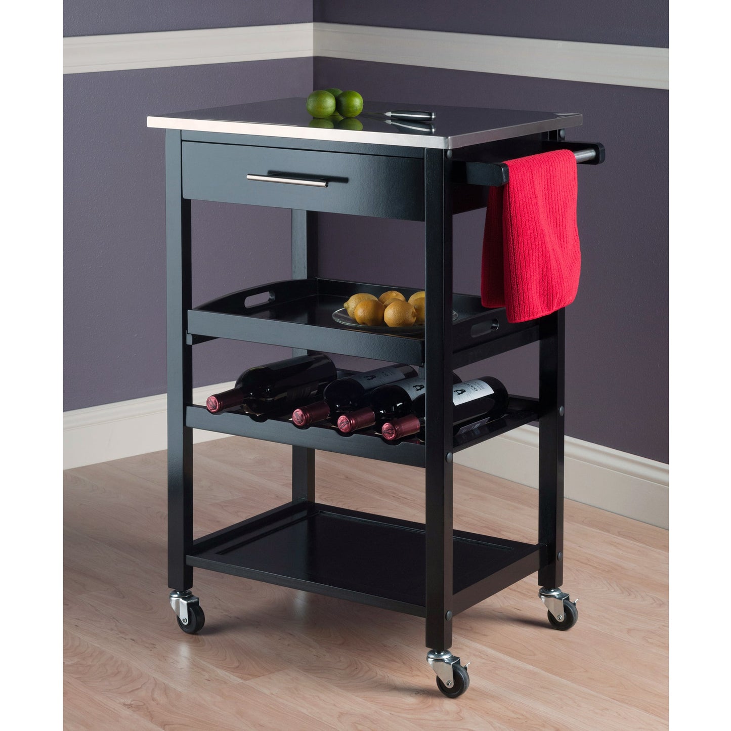 Anthony Utility Kitchen Cart, Stainless Steel Top, Black