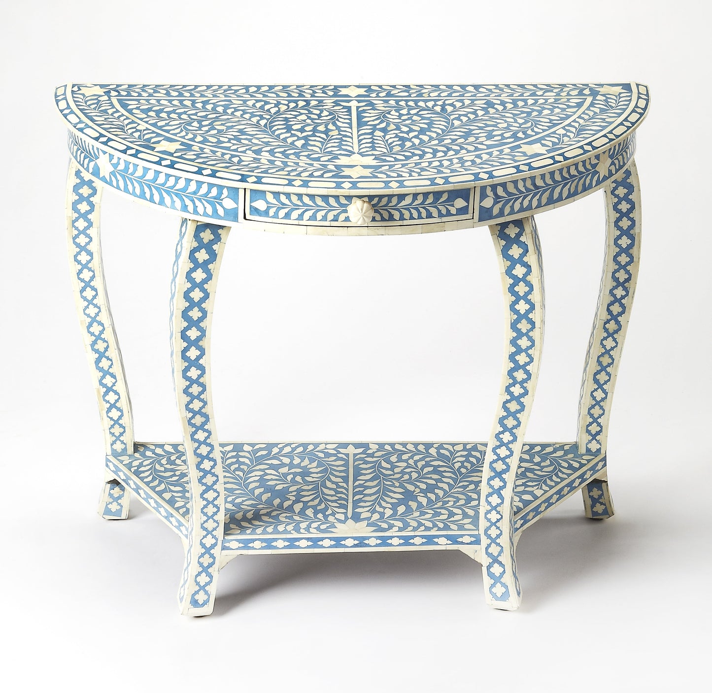 Vivienne Bone Inlay Demilune Console Table in Sky Blue  3881319