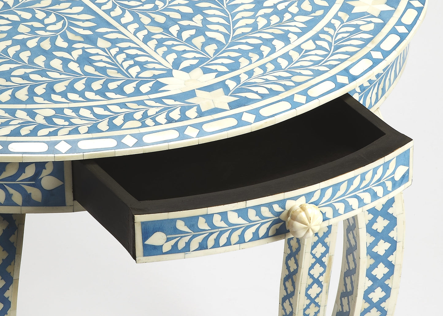 Vivienne Bone Inlay Demilune Console Table in Sky Blue  3881319