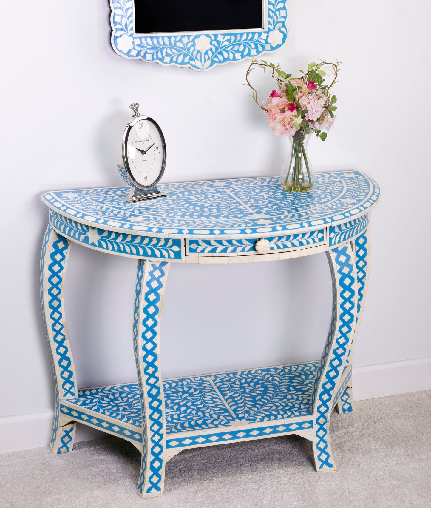 Vivienne Bone Inlay Demilune Console Table in Sky Blue  3881319