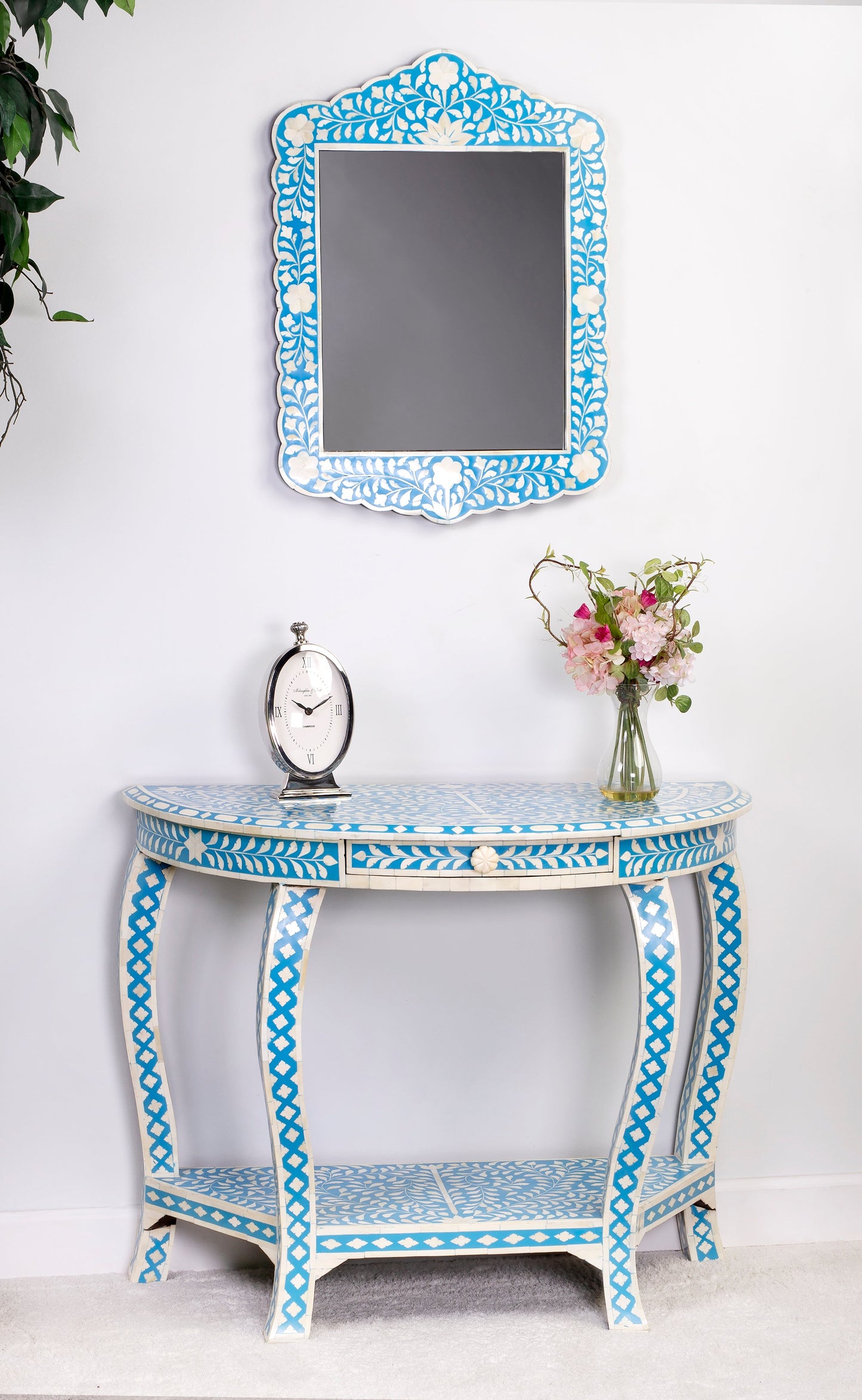 Vivienne Bone Inlay Demilune Console Table in Sky Blue  3881319