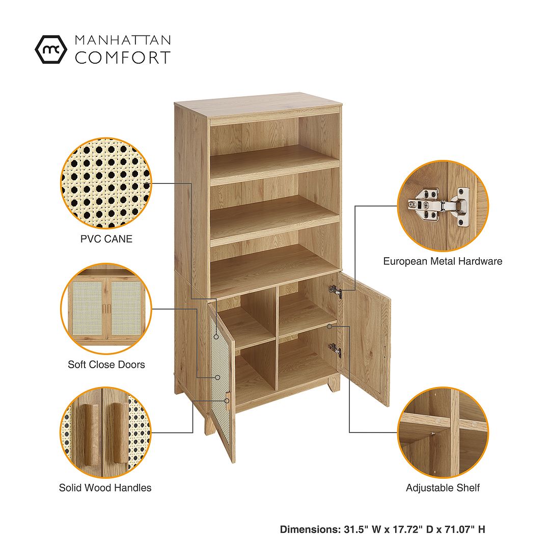 Manhattan Comfort Sheridan Modern Cane 4-Piece Set: Bookcase, TV Stand, Sideboard, Nightstand in Nature