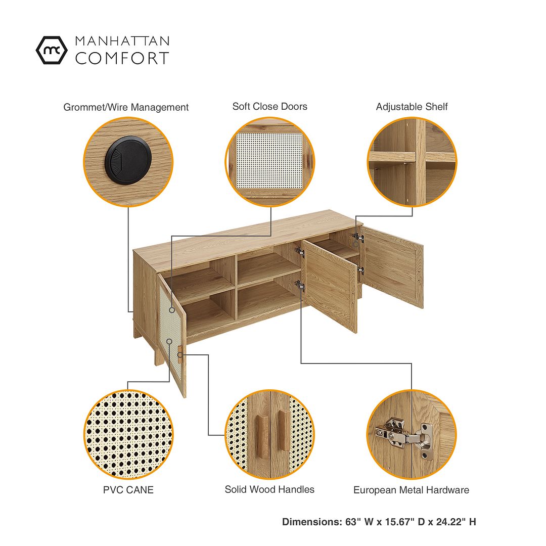 Manhattan Comfort Sheridan Modern Cane 4-Piece Set: Bookcase, TV Stand, Sideboard, Nightstand in Nature