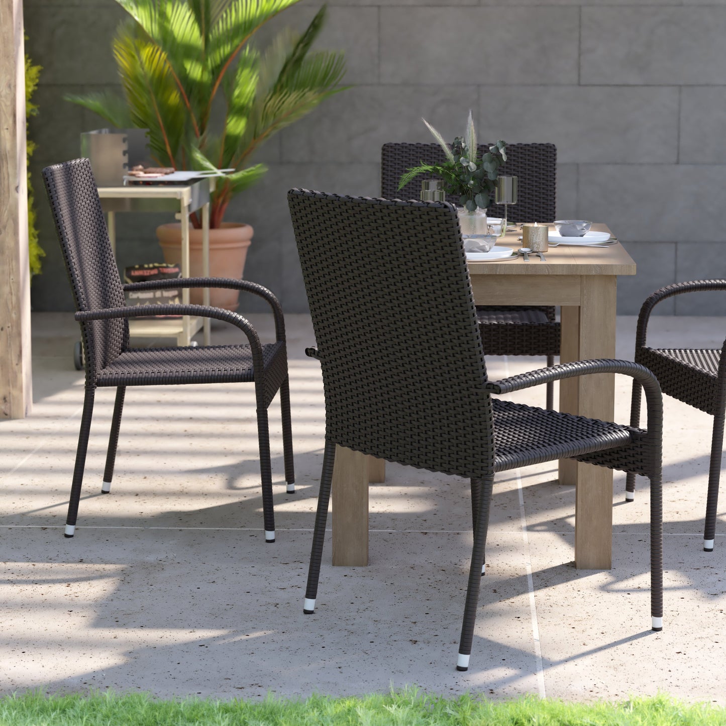 Modern Indoor/Outdoor Stackable Wicker Patio Chairs with Arms - Set of 2