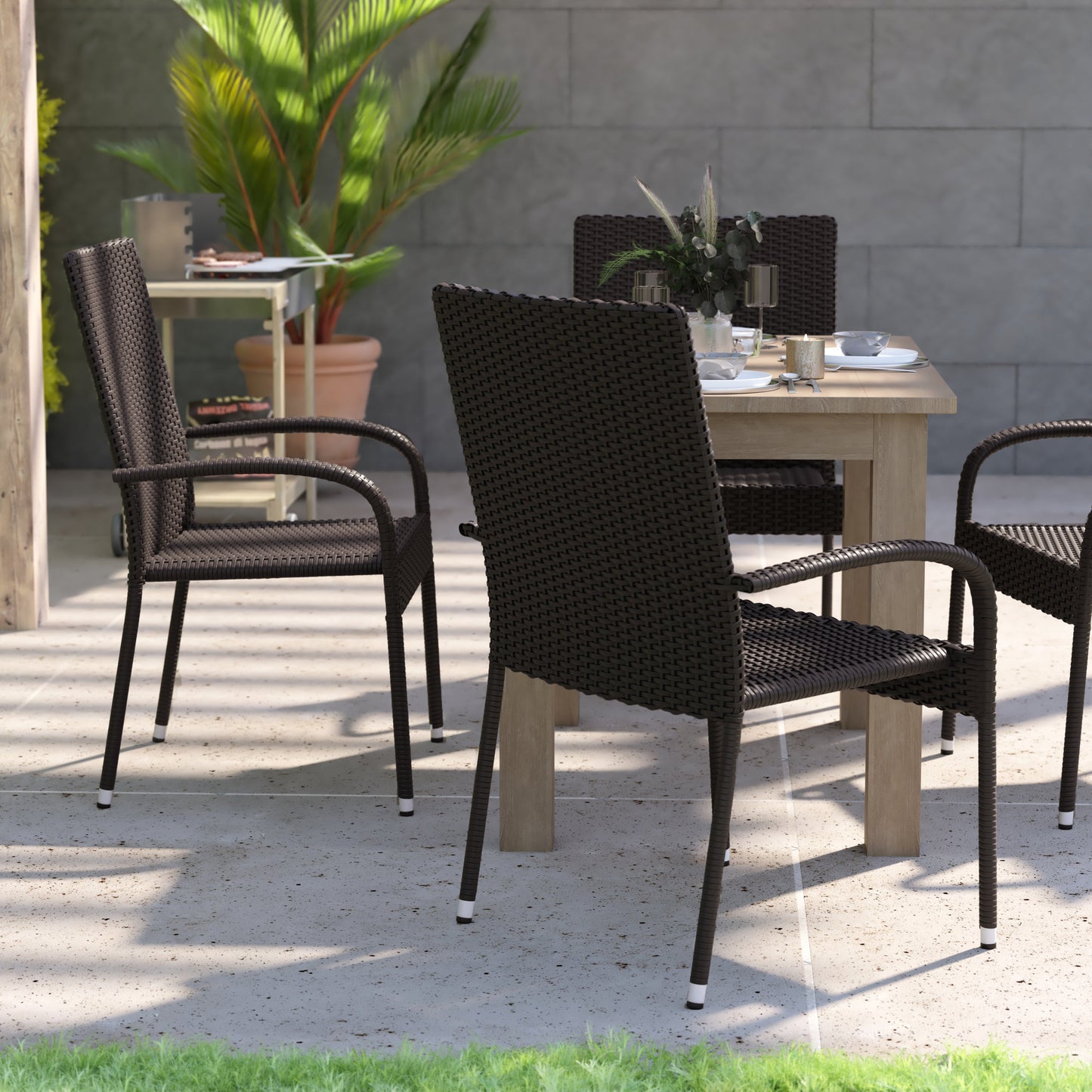 Modern Indoor/Outdoor Stackable Wicker Patio Chairs with Arms - Set of 2