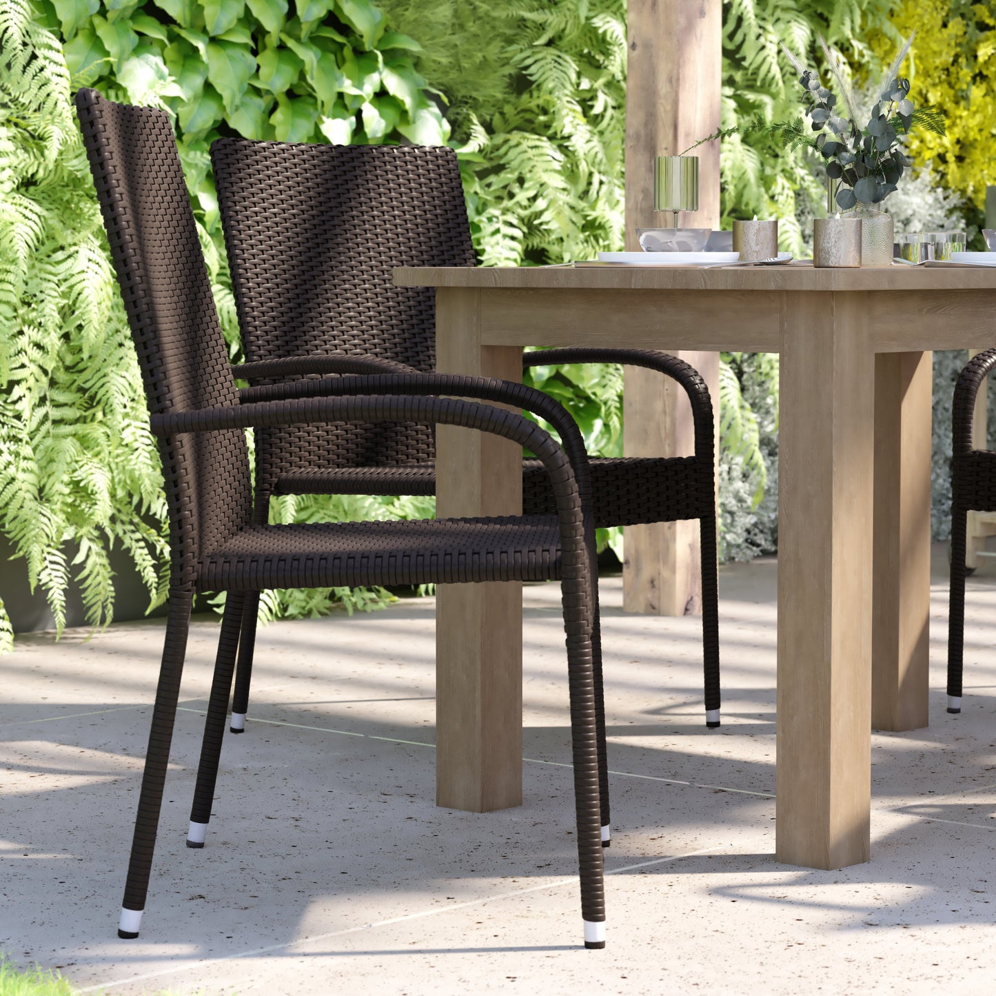 Modern Indoor/Outdoor Stackable Wicker Patio Chairs with Arms - Set of 2