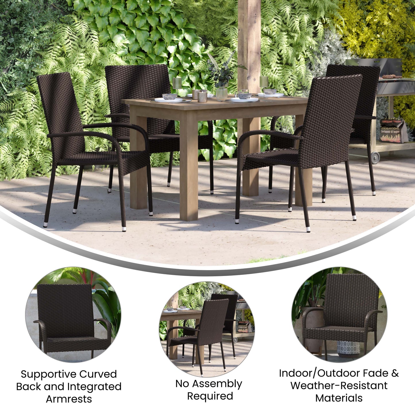 Modern Indoor/Outdoor Stackable Wicker Patio Chairs with Arms - Set of 2