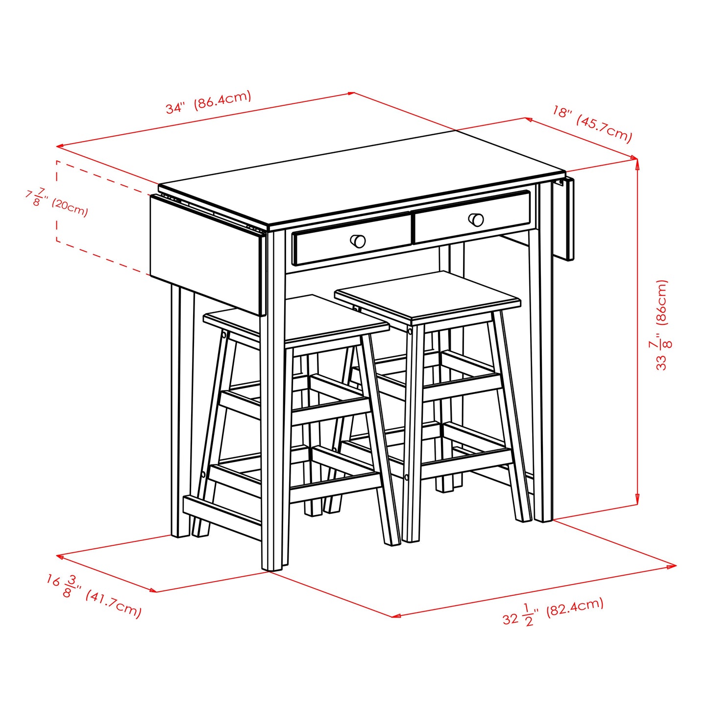 Mercer 3-Pc Drop Leaf Island with Square Seat Counter Stools, Cappuccino