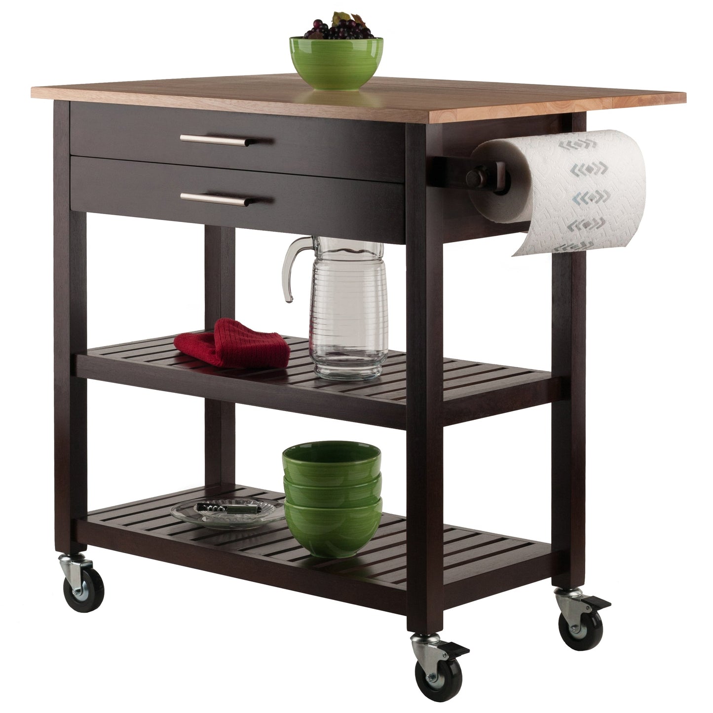 Langdon Kitchen Cart, Drop Leaf, Cappuccino and Natural