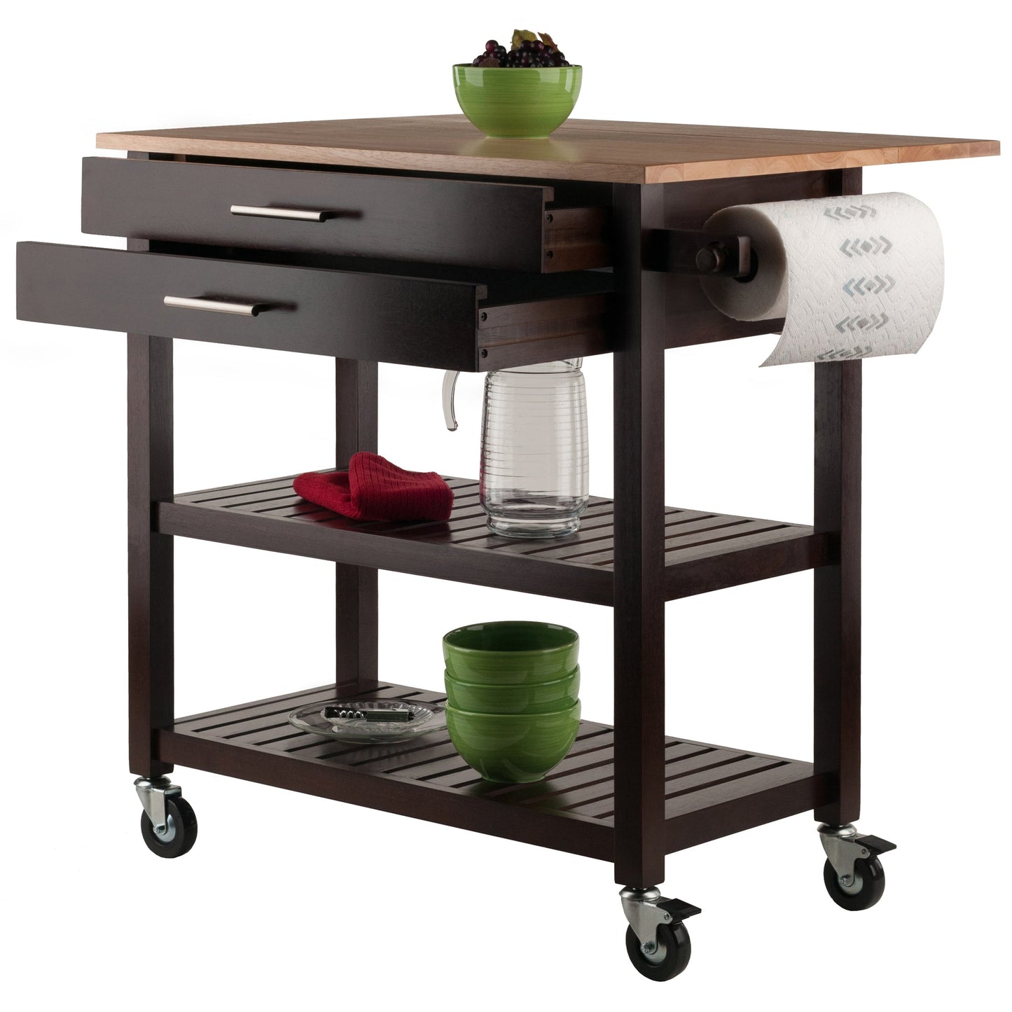 Langdon Kitchen Cart, Drop Leaf, Cappuccino and Natural