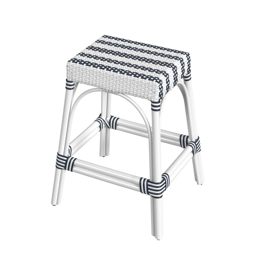 Robias Rectangular Rattan 24.5" Counter Stool in White and Navy Stripe  5513035