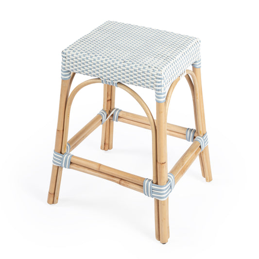 Robias Rectangular Rattan 24.5" Counter Stool in White and Sky Blue Dot  5513194