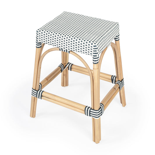 Robias Rectangular Rattan 24.5" Counter Stool in White and Navy Stripe  5513291