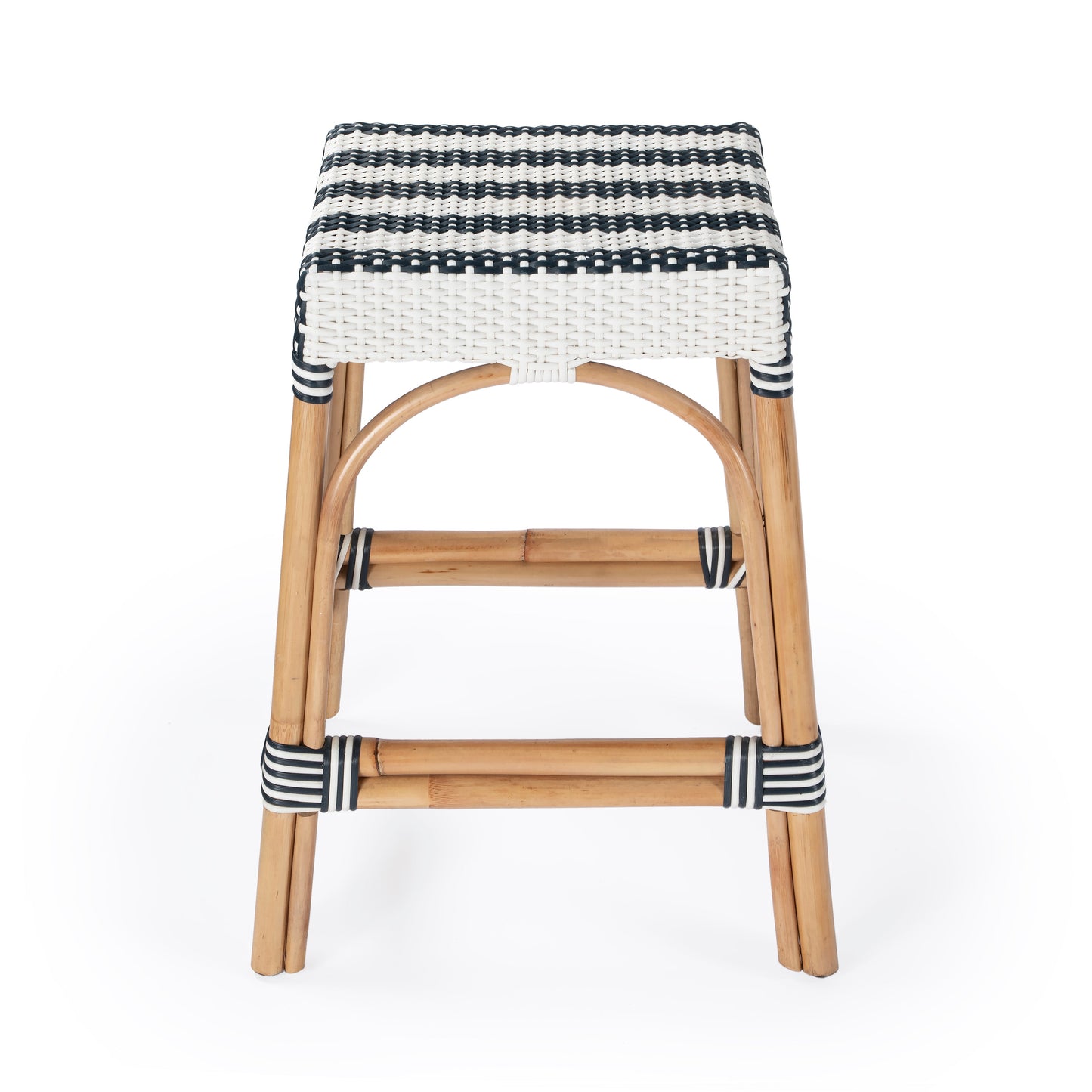 Robias Rectangular Rattan 24.5" Counter Stool in White and Navy Stripe  5513372