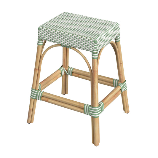 Robias Rectangular Rattan 24.5" Counter Stool in White and Green Dot  5513426