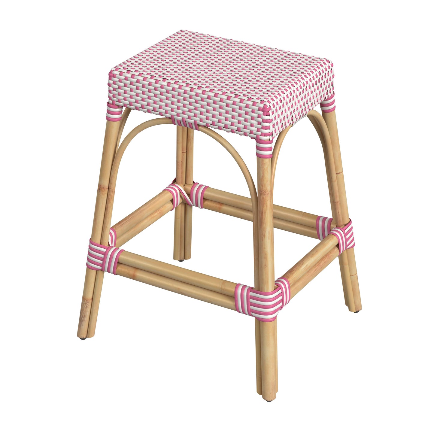 Robias Rectangular Rattan 24.5" Counter Stool in White and Pink Dot  5513428