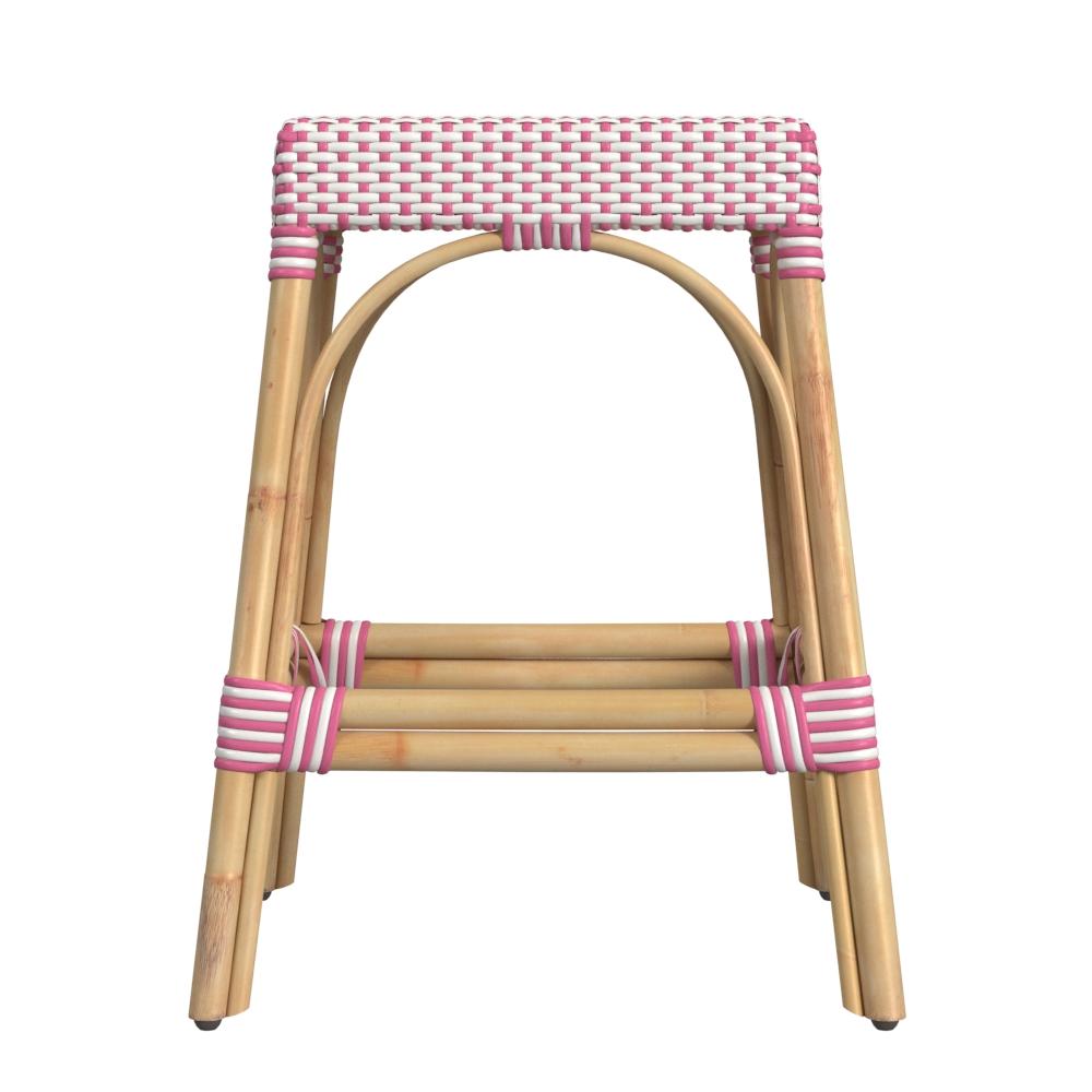 Robias Rectangular Rattan 24.5" Counter Stool in White and Pink Dot  5513428