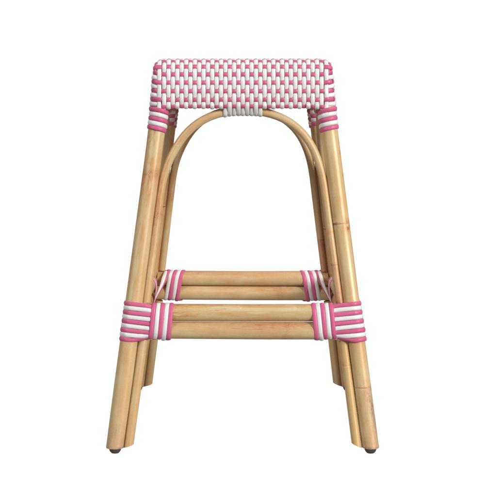 Robias Rectangular Rattan 24.5" Counter Stool in White and Pink Dot  5513428