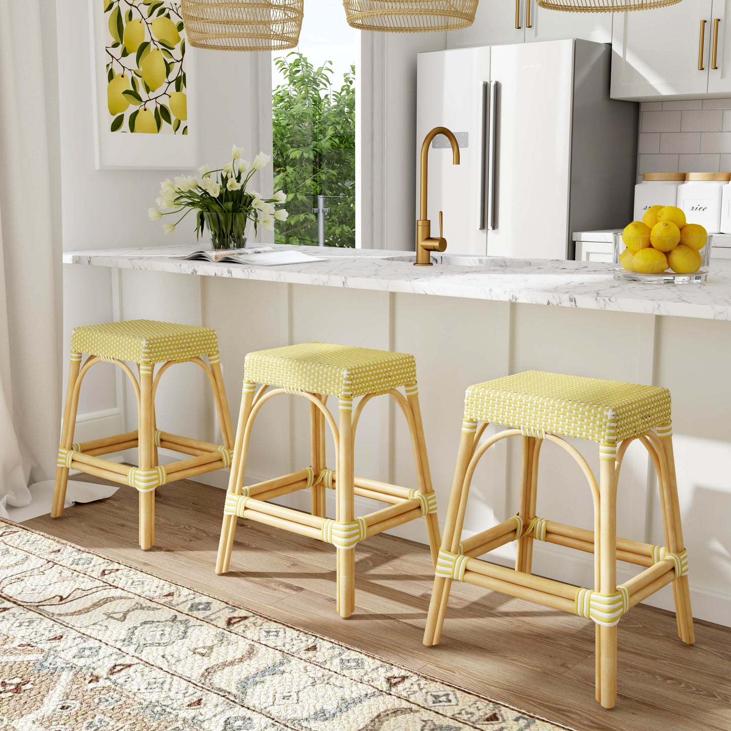 Robias Rectangular Rattan 24.5" Counter Stool in Yellow and White Dot  5513431