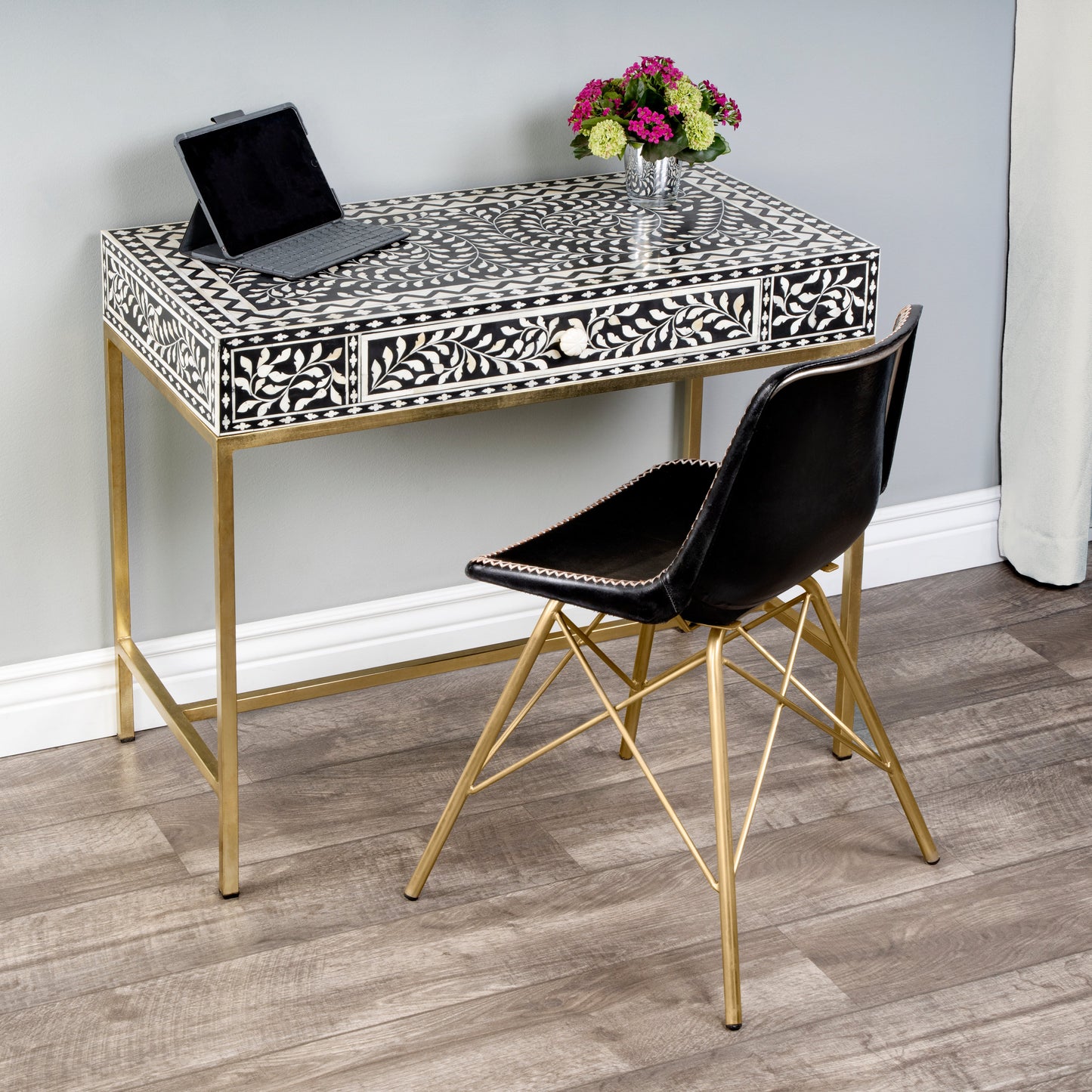 Perilla  Bone Inlay Writing Desk in Black and White,Gold  5529318