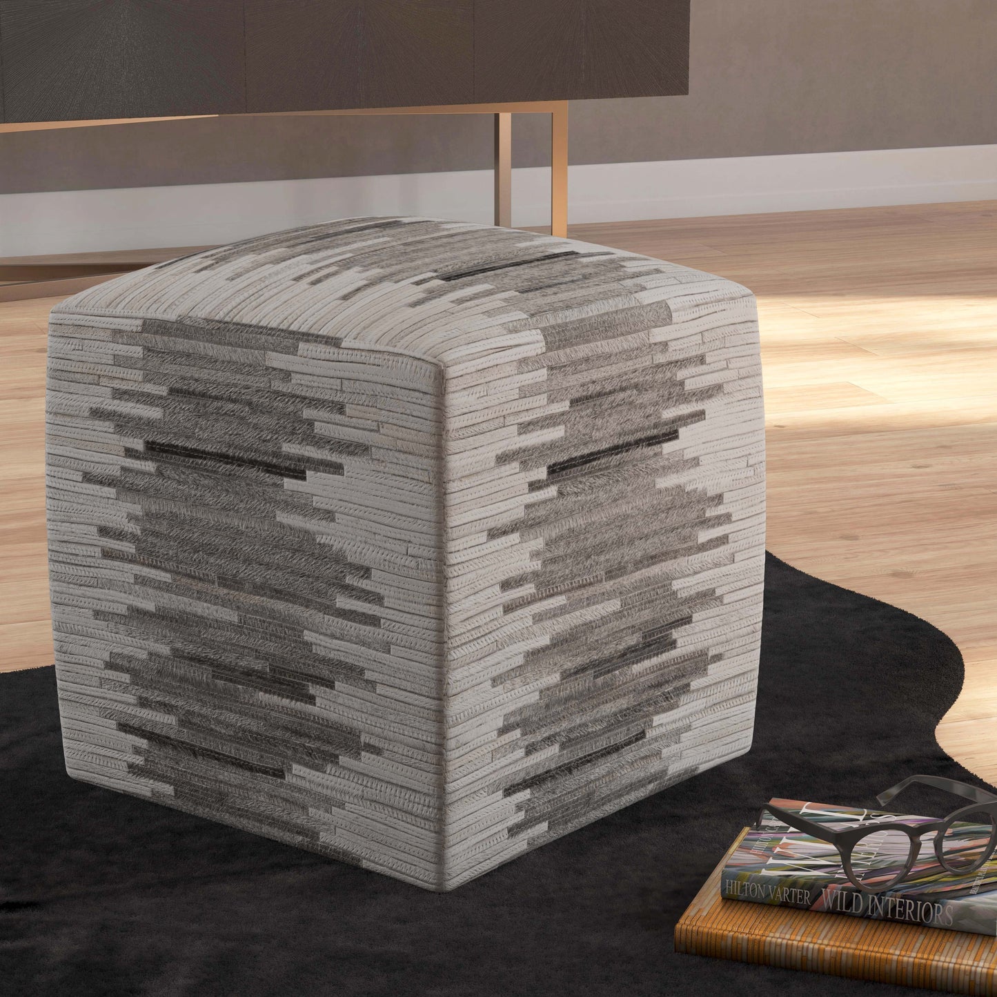 Victorian Hair on Hide Cube Ottoman in Gray  5535148