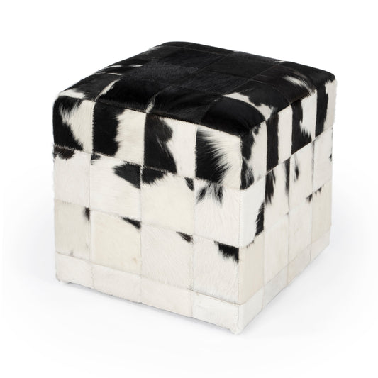 Victorian Hair on Hide Cube Ottoman in Black and White  5535373